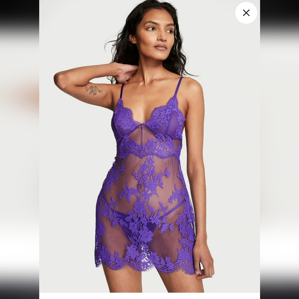 Victoria's Secret Purple Sheer Lace Slip Chemise Size XL